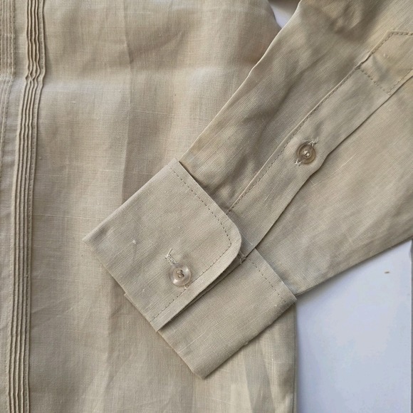 Men's Guayabera Casual Shirt Small S Embroidery Trim Long Sleeves Beige Tan - Picture 5 of 13